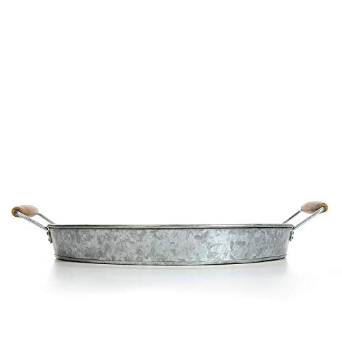 Round Metal Tray with Wooden Handle, Modern Industrial Style, Sleek Rustic Storage Display Coffee Table Home Decor Tray (Clear)