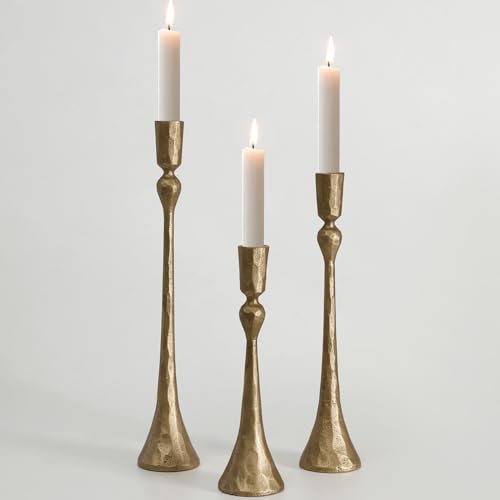 Vintage Cast Iron Taper Candle Holder - Set of 3 Decorative Candle Stand, Candlestick Holder for Wedding, Dinning, Party (Antique Brass)