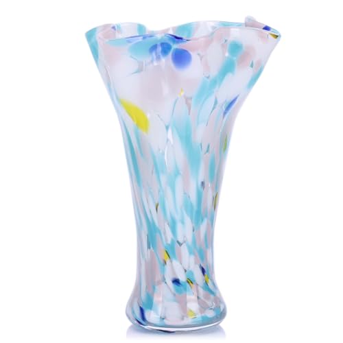 9.1H Murano Hand Blown Glass Vase, Ruffled Scalloped Rim Trumpet Shape, Wide Mouth Colorful Decorative Glass Vase, Sculptural Art Centerpiece for Living Room Table, Bathroom, Office Shelf(Blue-Yellow) - color: Blue-yellow