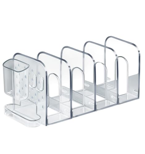Clear Bookends, 12.8" Removable Book Ends for Heavy Books, 3 Dividers Bookends with Removable Pen Holder, Tray, and 2 Hook-up, Book Organizer for Office, School, Bookstore, Home - color: Clear