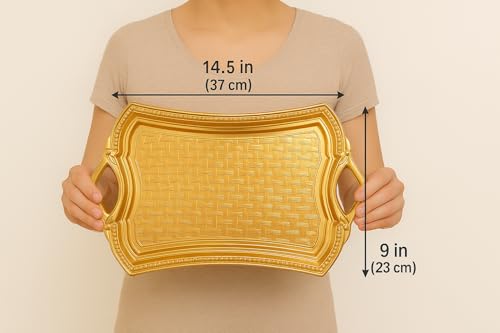 Alisveristime 2-Person Rectangular Metal Serving Tray – Ottoman Motif, (14.6" x 9", 13.1 oz) (Gold)
