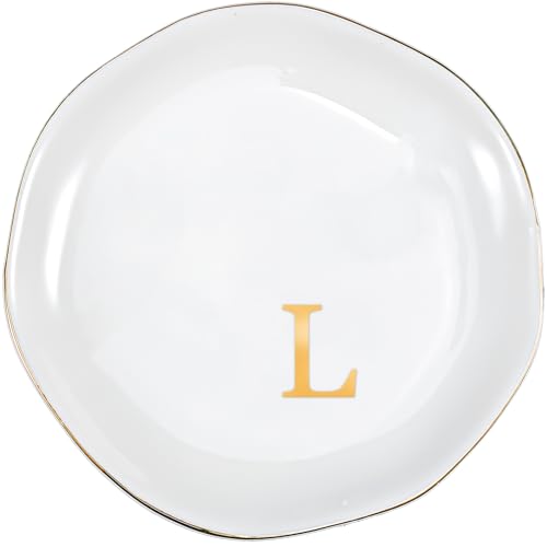 ProCase Ceramic Jewelry Tray, Initial Ring Dish Trinket Plate Engagement Gift, Small Personalized Monogram Ring Bowl for Wedding, White Decorative Jewelry Holder for Women Vanity -Letter L - style: L