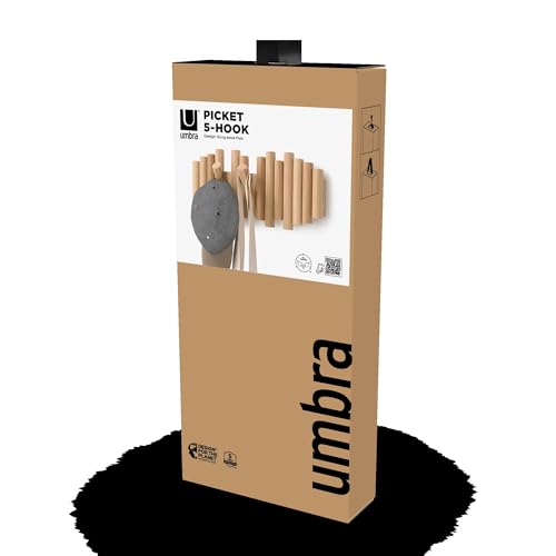 Umbra Picket Coat Rack Wall Mount – 5 Flip-Down Wood Coat Hooks, Modern & Functional Storage, Easy Install Wall Hooks, Natural - color: Natural, size: 5-Hook