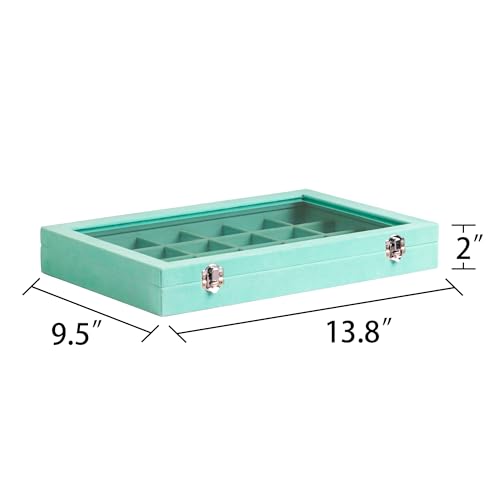Frebeauty Velvet Jewelry Tray,24 Grid Jewelry Organizer with Clear Lid,Earring Holder Organizer with Clasp,Drawer Insert Rings Pendants Brooches,13.8 x 9.5 x 2 Inches,Gift for Women Girls(Turquoise) - color: Turquoise, size: 24 Grid