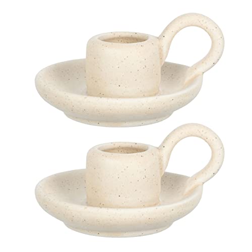DOITOOL 2Pcs Ceramic Candle Holder Candlestick Holder with Handle, Taper Candle Stand Candlelight Stand Holder Decorative Candle Display Holder for Desktop Dining Room Home Decoration Display (Beige) - color: Beige