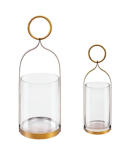 4" & 6" Wide Handmade Sturdy Glass Cylinder Jar with Metal Stand in Antique Brass, Display Glass Container for Candles and Plants, Hurricane Lantern, Candle Holder, Industrial, Farmhouse, Outdoor - size: 6"x15" 4"x11"