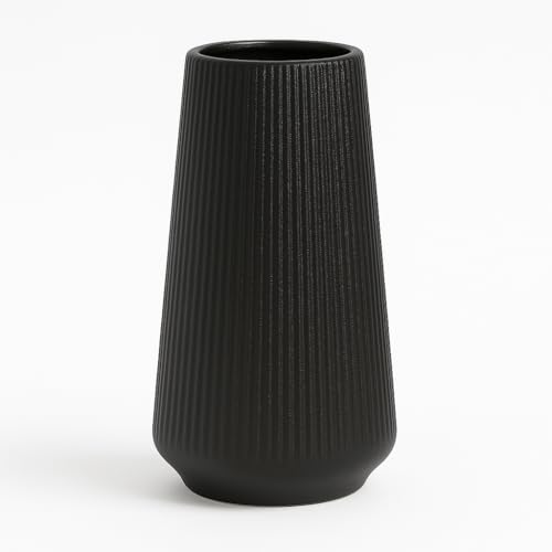 Black Ceramic Vase, 8 Inch Flower Vase for Pampas Grass, Modern Minimalist Ribbed Decorative Vase for Living Room Table, Shelf Decor - color: Matte Black01
