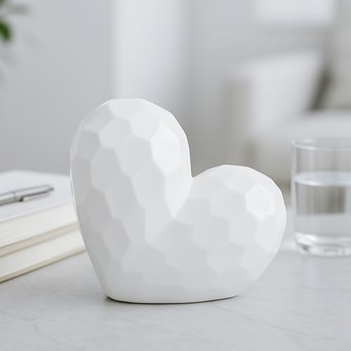Decorative Ceramic Heart Sculpture for Home Decor - Ornament for Bathroom, Office, and Living Room Decor - Modern Figurine Accent for Bedroom, Shelf Display, and Coffee Table - 8", White - color: White, size: 8x3x8