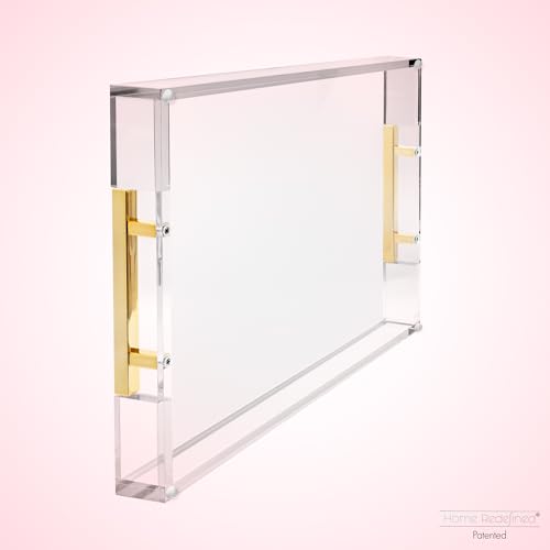 Modern 16"x12" Rectangle Acrylic Lucite Plastic Decorative Serving Tray with Gold Polished Stainless Steel Metal Handles Home Decor Ottoman Coffee Table Makeup Perfume Display Vanity By Home Redefined - color: Clear/Gold