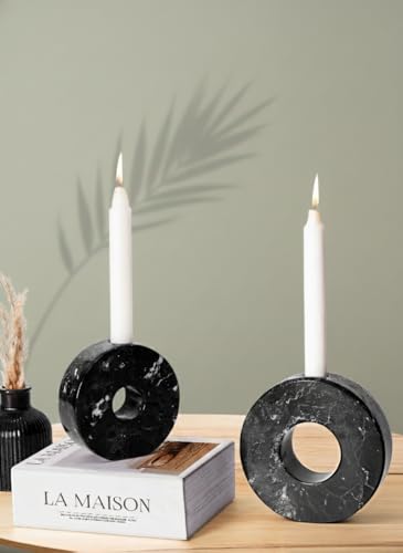 Marble Taper Candle Holders Set of 2 Black Elegant Candlestick Holders for Table Decor, Living Room & Home Centerpieces, Perfect for Pillar Candles & Gifts - color: Black