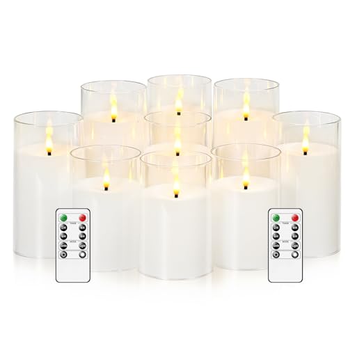 kakoya Flickering Flameless Candles Battery Operated with Remote and 2/4/6/8 H Timer Acrylic Led Pillar Candles Pack of 9 (D 3" xH 4" 5" 6") with Realistic 3D Wick Candles for Home Decor(White) - color: White-9