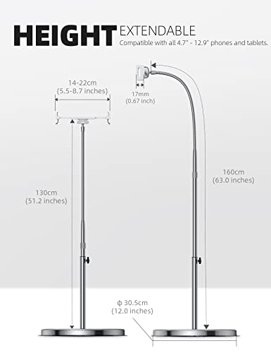 Lamicall Tablet Floor Stand Gooseneck - Swivel Tablet Holder Mount with Adjustable Height & 10.6lb Stable Base, for 4.7-13" iPad mini Air Pro 12.9/9.7, Tab, Kindle, iPhone Air 17 Pro Max, Phones - color: Silver