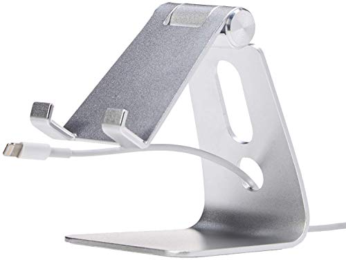 Amazon Basics Adjustable Aluminum Phone Stand for Cell Phones, iPhone and Android, Desktop Phone Holder with Adjustable Angle, Hands-Free Viewing, 3.15 x 2.87 x 3.74 inch, Silver