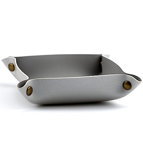 Decorative Foldable Valet Tray Artificial Leather Catchall Holder Small Desk Table Organizer Tray for Jewelry, Keys, Watches, Coins (Light Gray)