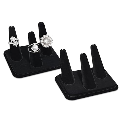 MOOCA 2 Pcs Set 3-Ring Organizer for Showcase Display Ring Finger Holder Jewelry Display Stands Showcase Jewelry Storage Counter, Black Velvet, 4 W x 3 1/4D x 2 3/8H inch - color: Black Velvet, 3 Rings x 2