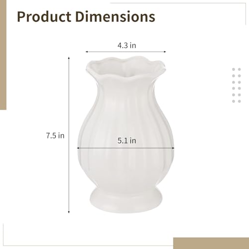 White Wavy Edge Ceramic Vase, Modern Ribbed Flower Vase for Home Decor, Scalloped Opening Pedestal Vase, Minimalism Elegant Table Centerpiece for Dining Table Mantle Bedside Shelves