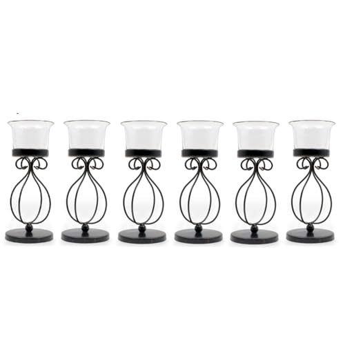 Hosley Bulk Buy Set of 6 Metal & Glass Tea Light Candle Holders for Home Decor, Lighting, Wedding, Parties, Gifting, LED Tea Light Gardens - color: Bronze2