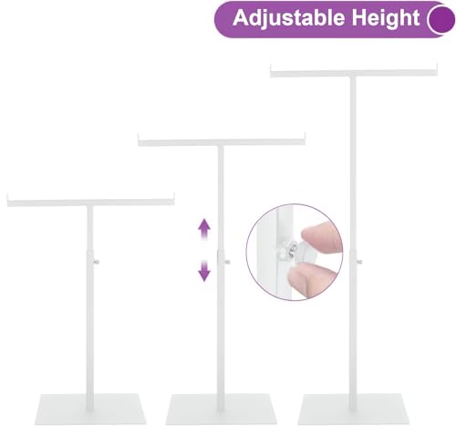 Purse Display Stand T Shaped, Countertop Jewelry/Scarf/Handbag T-Bar Display Stand, Tabletop Double Hook Hanging Stands for Long Necklaces, Metal with Adjustable Height - White - color: White