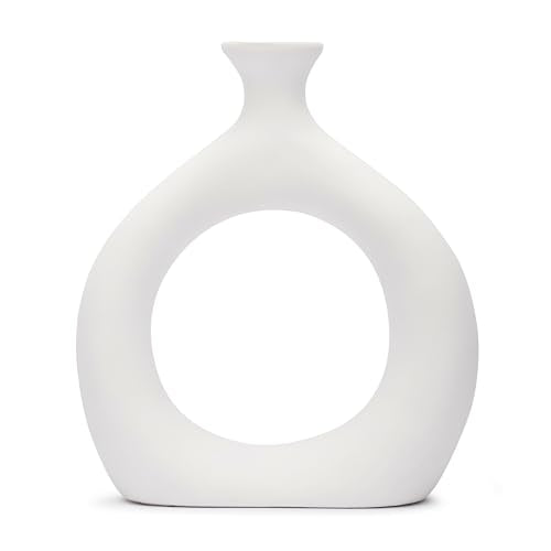 Ajuny Donut Vase Set of 2 – White Ceramic Modern Vases for Flowers, Pampas Grass, Centerpieces | Boho Table Decor for Living Room, Wedding, Kitchen, TV Stand, Office, Shelf, Mantle - style: Hollow-Circle-Vase