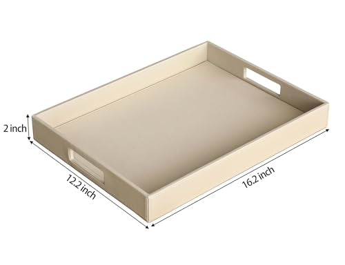HofferRuffer Rectangle Serving Tray with Hole Handles for Coffee Table, Breakfast, Tea, Food, Butler - Countertop, Kitchen, Vanity Serve Tray, 16.2 x 12.2 x 2 inches, Faux Leather (Dark CreamWhite) - color: Dark Creamwhite, size: 16.2" x 12.2" x 2"