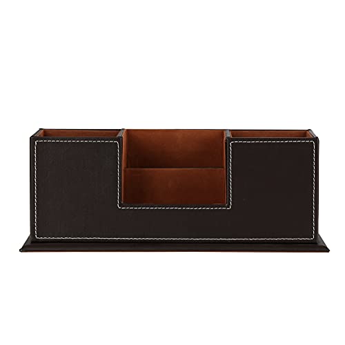 KINGFOM™ Double Holder Wood Leather Multi-Function Desk Stationery Organizer Dark Brown - color: Brown-l