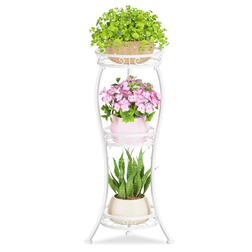 KMOTASUO 3 Tier Tall Metal Plant Stand, 34 Inch Plant Stands Indoor Outdoor, Rustproof Wrought Iron Flower Pot Holder Display Rack for Corner Patio Garden Balcony Living Room(White) - color: Classic White, size: 3 Tier