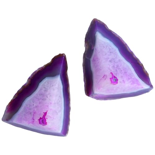 Natural Pink Dyed Agate Geode Bookends - 3 to 4 lb Heavy Duty Rock Crystal Stone Book Ends for Shelves, with Rubber Bumpers, Decorative Book Holders for Home Office - color: Pink, size: 3-4 Lbs
