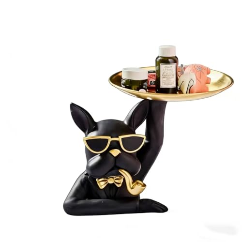 Black Dog Sculpture Tray 7.5 Inch Resin Statue Figurine with Removable Serving Tray, Cute Animal Decor for Entryway Coffee Table, Farmhouse Jewelry Catchall Key Holder - color: Black
