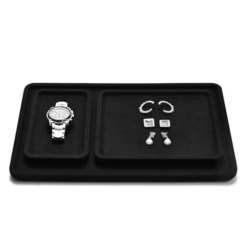 Microfiber Jewelry Display Flat Tray for Rings Earrings Necklace Bracelet, Jewelry Photograph Catchall Organizer Tray Dish (L, Black) - color: Black, size: 35 * 24 * 1.5cm