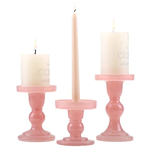GMWD 3 Pcs Glass Candle Holder Set Clear, Pink Candlesticks Holders Pillar Taper Candles Tealight Stand for Wedding Centerpieces Home Decorations Dining Table - color: Pink