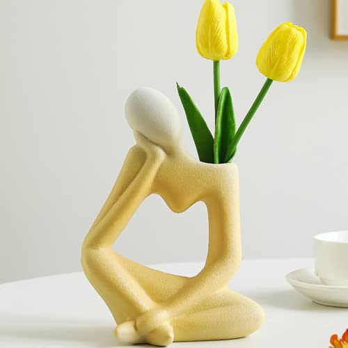Arawat Ceramic Thinker Vase Yellow Flower Vase for Home Decor Modern Cute Boho Vases for Table Room Decor Unique Aesthetic Vase Ceramic Decorative Face Vases for Centerpieces Birthday Gifts for Women - color: Yellow Ceramic Flower Vase for Home Decor