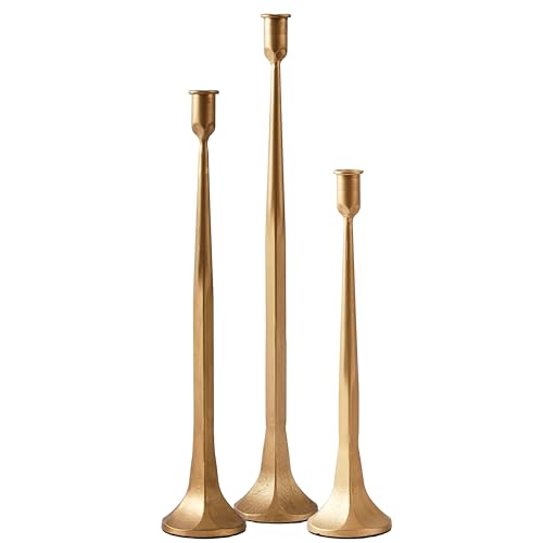 Denique Iron Taper Candle Holder Set of 3, Gold Candlestick Holders 19.3”17” 14” Heightening Decorative Candle Stand Set for Wedding, Dining Table, Home Decoration (Gold) - color: Gold, size: 14”,17”,19.3”