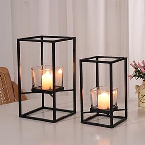 Set of Candlestick Holders in Two Sizes, Versatile Square Glass Candle Holder with Black Frame, Moden Style Candle Stand for Home Decor, Wedding, Party & Table Centerpiece