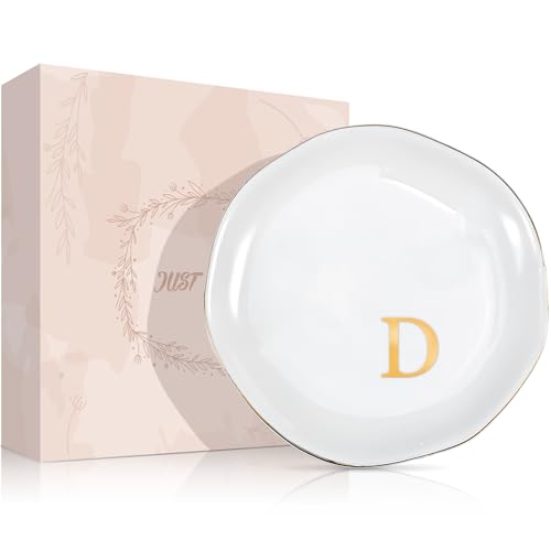ProCase Ceramic Jewelry Tray, Initial Ring Dish Trinket Plate Engagement Gift, Small Personalized Monogram Ring Bowl for Wedding, White Decorative Jewelry Holder for Women Vanity -Letter D - style: D