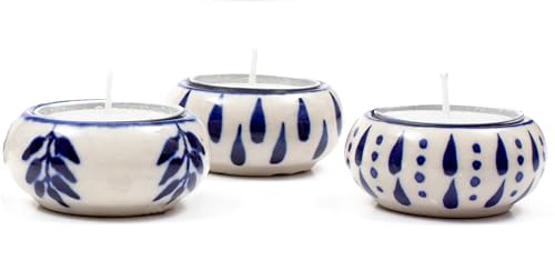 CLEENTABLE Ceramic Tea Light Holders Set of 6 - Handcrafted Candle Holder Bulk - Ideal Fall Decor for Boho Wedding Centerpiece Table, Home Decor & Thanksgiving Indoor (Blue White)