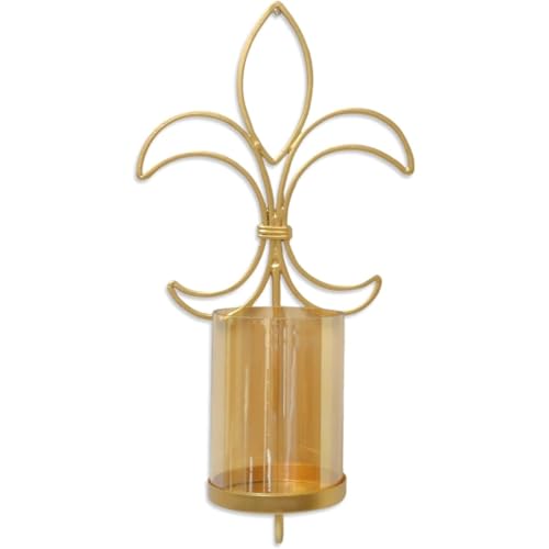 Hosley Metal Gold Fleur Dis Lis Wall Sconce with Glass Candle Holder 13.25" High. Pillar Candle Holders Decorative Iron Sconces for Home Décor - color: Gold-2