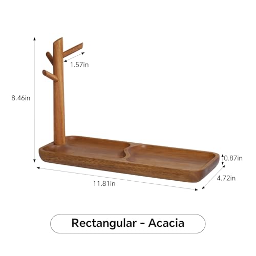 Solid Acacia Wood Key Tray and Bowl for Entryway Table - Jewelry Tray With 3 Hooks, Open Storage for Wallet, Glasses, Watches, Lipstick (Acacia, Rectangle) - color: Acacia, size: Rectangle