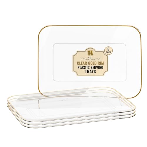 6 Pack Plastic Serving Trays for Party - 8 x 11 Disposable Serving Tray - Heavy Duty Gold Dessert Trays (Clear) - color: Clear