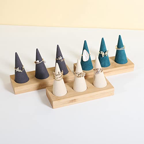 GemeShou Beige wood ring storage organizer, Velvet Jewelry ring display holder, Cute ring display stand for selling, wedding ring holder at nightstand【Beige with three cone】 - size: Medium