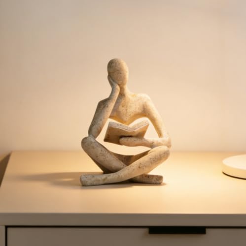 Bookshelf Decor Thinker Statue - Abstract Art Reading Thinker Sculpture Figurine Aesthetic, Modern Home Decoration for Living Room Office Shelves Coffee Table Desk Decor(Beige)