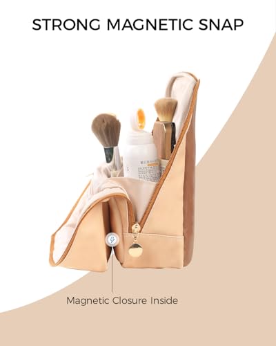 Large Standing Makeup Bag, Sturdy PU Leather Cosmetic Organizer with Fold-Down Phone Tray, Waterproof Travel Toiletry Case with Wipeable TPU Brush Holder, 9.5 Inch, Brown - color: Brown