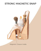 Large Standing Makeup Bag, Sturdy PU Leather Cosmetic Organizer with Fold-Down Phone Tray, Waterproof Travel Toiletry Case with Wipeable TPU Brush Holder, 9.5 Inch, Brown - color: Brown