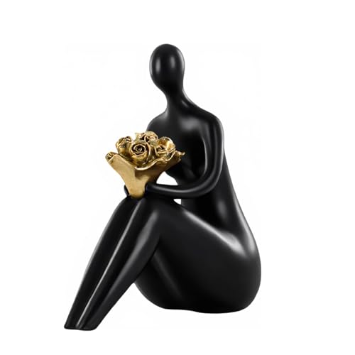 Lescafita Black Abstract Figure Statue with Golden Flowers, Modern Resin Sculpture, Minimalist Art Figurine for Home or Office Decor, Elegant Gift for Art Enthusiasts - color: B1