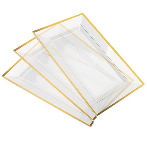 Mint Living-Elegant Plastic Serving Tray & Platter Set (3pk)-Clear & Gold Rim Disposable Serving Trays & Platters for Food - Weddings, Parties, Dessert Table, Cupcakes - 8x13 inches (Clear + Gold) - color: Clear + Gold (3 Pack)
