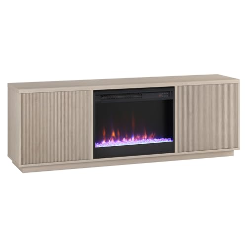 Henn&Hart Fluted TV Stand for TVs up to 75" with 26" Electric Crystal Rocks Fireplace and Ribbed Side Storage Cabinets for Living Room, Family Room, or Office, Beech White - color: Beech White, size: 70" TV Stand with Fireplace