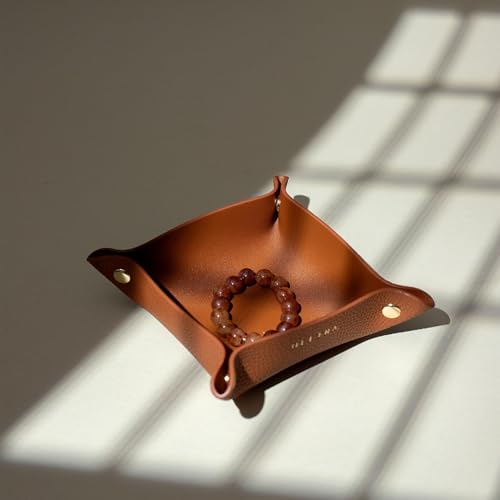 OLETHA Small Foldable Valet Tray - Aesthetic Desk Organizer for Home, Office & Travel - Portable Catch All Bowl for Keys, Jewelry & Essentials - Brown - color: Brown