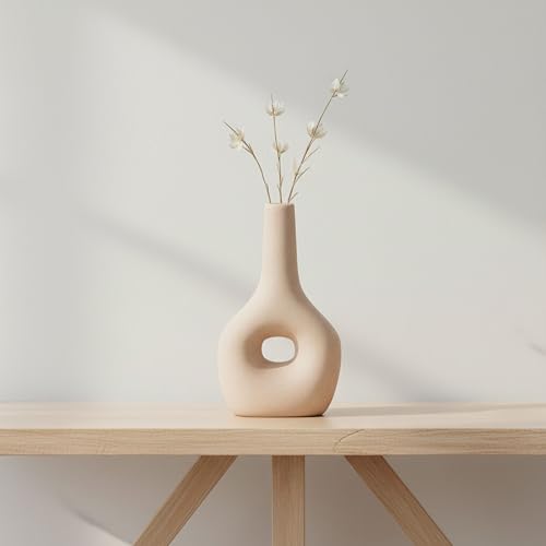 Ceramic Vase – Flower Holder for Stems and Greenery, Living Room, Bedroom, or Entryway Tabletop Decor, Modern Boho Hollow Design Home Decor Accent for Shelves and Consoles – 9", Ivory & Tan - color: Ivory, size: 9.0" H