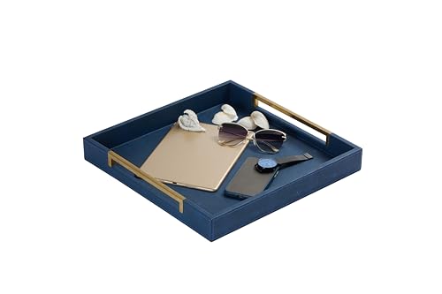 16x16 Inch Navy Blue Square Decorative Tray for Ottoman Coffee Table Faux Shagreen Leather Large Serving Tray Serving Food for Bar, Dinner, Party (Blue-Gold, Square 16") - color: Blue-gold, size: 16" x 16" x 2"