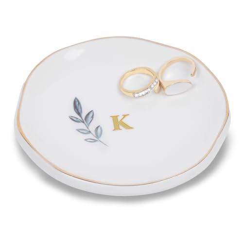 Personalized Ceramic Ring Dish, Initial Jewelry Tray for Rings, Earrings, Necklaces & Bracelets, Gift for Engagements, Birthdays, Holidays, Mom, Sister, Bridesmaid, Bride-to-Be, 4" Ring Plate - color: K