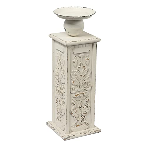 18" Tall Floor Candle Holders for Pillar Candles, Handmade White Large Solid Wood Candle Holder Handcarving Distressed Finish, Decorative Farmhouse Candle Stand for Home Wedding Housewarming Decor